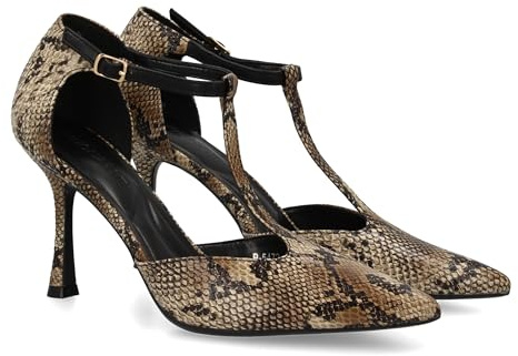 shoes&blues.es 94898 Stiletto de Tacon Fino Diseno Elegante. Zapato de Salon con Tacon Alto y Punta Fina con Hebilla y Diseno en T. Ideal Otono Invierno. Beige Talla 37