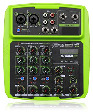 SHEHUALI Table de mixage DJ, Interface de mixage sonore 4 canaux Studio Professionnel Enregistrement Carte Son Console de mixage Microphone 48 V Alimentation fantôme(Groen)