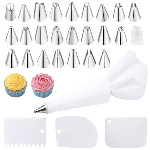 Kit Poche à Douille, 29 Pièces Kit Patisserie, avec 31 * 17 cm Poche à Douille et 24 Douilles, 3 Spatule, pour Deco Gateau, Cupcake, Pâtisserie