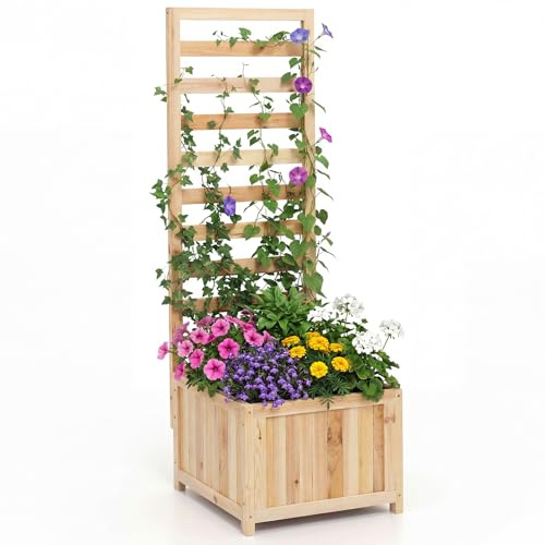 COSTWAY Cama de Jardín Elevada de Madera con Enrejado, Macetero Elevado con Orificios de Drenaje y Espacios para Plantas Trepadoras, Flores y Verduras, Macetero para Interior y Exterior (Natural)