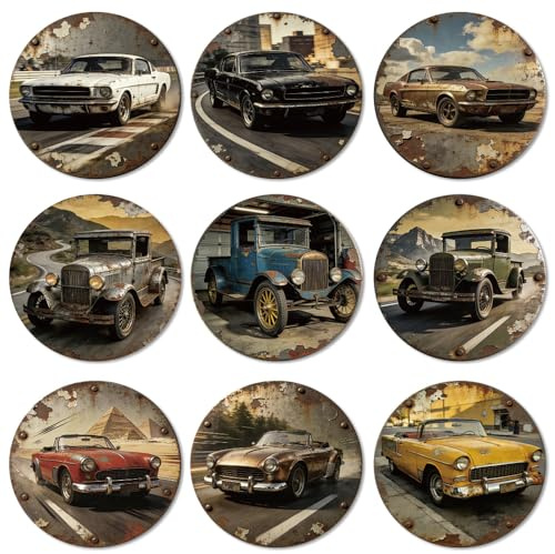 ANATTASOUL Classic Cars Wood Coasters Set of 9 for Coffee Table | Home Decor,3.9 Round,Vintage,Colorful Wooden Cup Mat,Funny Desk Coasters,for Apartment,Office,Bar,Kitchen,Gifts