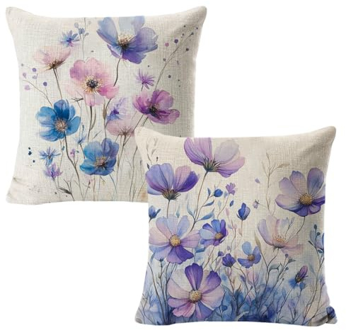 Mtbricey 2 Pack Linen Floral Cushion Covers 18x18 Inch Soft Boho Textured Throw Pillow Broadside Pillowcases Modern Farmhouse Home Decor for Sofa Bedroom Bed Living Vintage Watercolor Flower Design