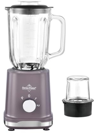 SWISS HAUS - Blender Mixeur avec Broyeur 500W - 2 Vitesses Pulse - Lames Inox - Couvercle Remplissage - Lake Geneva Collection Taupe Violet - Bol Verre 1,5 L - Sécurité Intégrée | lames en acier inoxydable, bol en verre, 2 vitesses et pulse, broyeur inclus, pieds antidérapants, sécurité intégrée