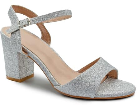 Fashion Thirsty Womens Bridal Sandals Glitter Low Block Heel Ankle Strap Ladies Wedding Evening Party Bridesmaid Prom Open Toe Shoes