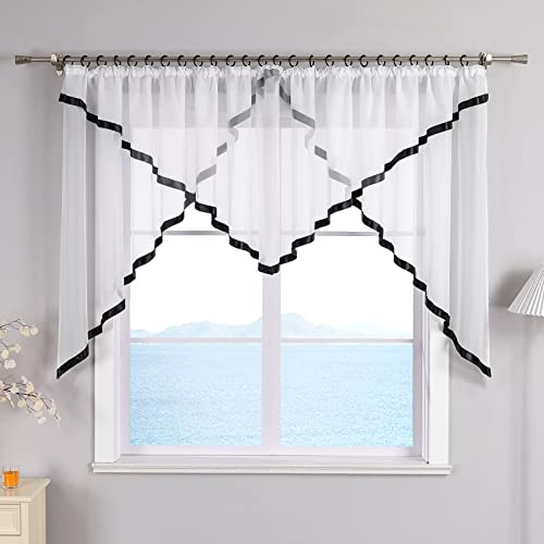 ESLIR Skivgardin med veckband gardiner kök bistrogardiner genomskinliga butiker gardiner med satinband voile svart H x B 120 x 300 cm 1 st