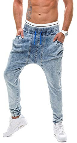 PRIJOUHE Joggingbyxor för män, låg crotch sweats slim fit byxor, harem hip hop byxor, F-light blå, S