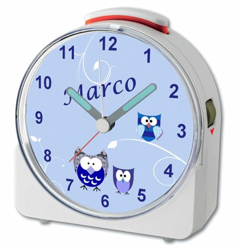 CreaDesign, WU-71-1007-01, Eule Blau, analog Kinderwecker weiß, Funkwecker mit Sweep-Uhrwerk und fluoreszierenden Zeiger und Licht, personlisiert mit Namen, 10,2 x 4,6 x 11 cm
