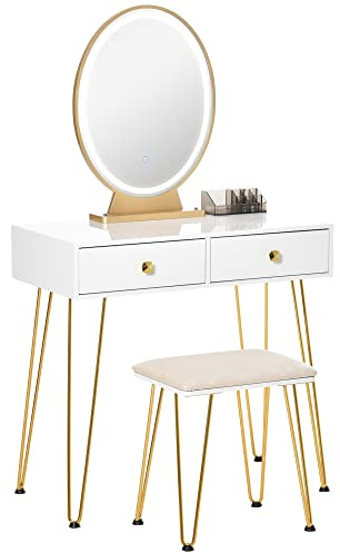 HOMCOM Modernt sminkbord - inbyggd justerbar LED-spegel - pall ingår - guldmetallfot - 2 lådor + 1 vit organisatör