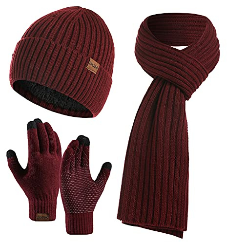 Yutdeng Herren Winter Warme Strickmütze Hut Schal Handschuhe Set Wintermütze Beanie Mütze Winterschal Touchscreen Handschuhe mit Fleecefutter (Rot)
