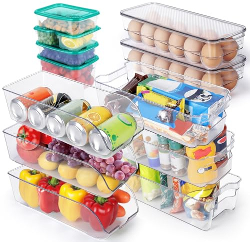 Myiosus Refrigerator Organizer Bins, Fridge Organisers Drawers with Handles, Set of 13 Clear Plastic Fridge Storage Containers for Pantry, Kitchen Cupboard, Freezer