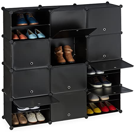 Relaxdays Skoskåp, plug-in skåp med dörrar, HBT: 125 x 125 x 31,5 cm, 24 fack, hyllsystem av plast, svart