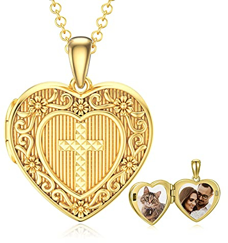 SOULMEET Collar redondo de plata de ley con forma de corazón/medallón que sostiene fotos, regalo de joyería para mujeres y niñas, cumpleaños y día de la madre, Metal, Diamante