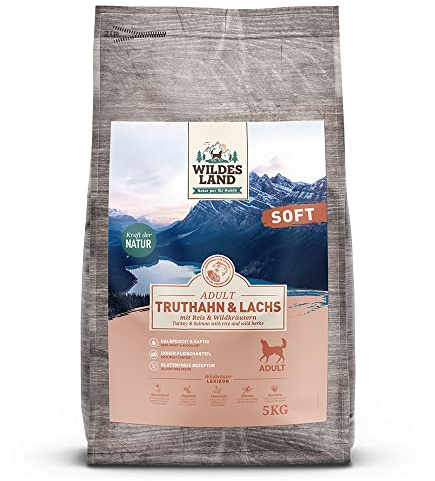 WILDES LAND – Truthahn & Lachs | Halbfeuchtes Hundefutter mit 70% frischem Fleisch für ausgewachsene Hunde. Alleinfutter ohne Zusatzstoffe im Beutel | 3x5kg Truthahn & Lachs