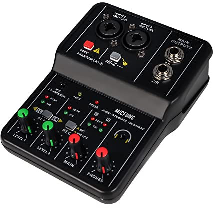 Mini interfaccia audio mixer DJ a 2 canali con alimentazione phantom da 48 V, microfono e chitarra XLR + 6,35 mm, ingresso stereo da 3,5 mm, jack per cuffie per spettacoli dal vivo in studio,