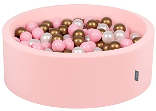 KiddyMoon Rund babybollspool 90 x 30 cm/300 bollar 7 cm bollgropar leksak barn, rosa: puderrosa/pärla/guld