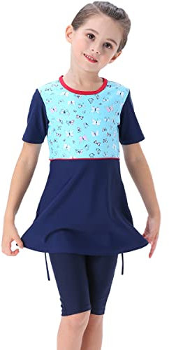 IWEMEK Mädchen Badeanzug UV Schutz 50+ Sonnenschutz Muslimische Islamische Bademode Langarm Oberteil Hijab Mütze + Hose Tauchanzug Bescheidener Neoprenanzug Schwimmen 2-teilig #Kurz Blau 11-12 Jahre