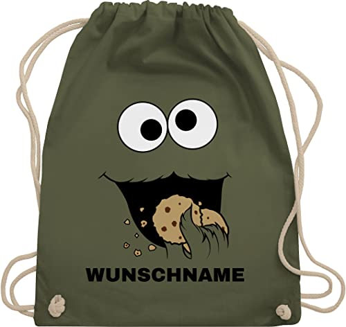 Turnbeutel Rucksack - Karneval Accessoire Fasching - Keks Monster Kostüm mit Name I Krümelmonster I Cookie Monster I Keksmonster - Unisize - Olivgrün - monsterbeutel faschings rucksäcke