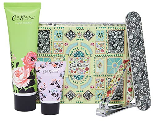 Cath Kidston The Garden Path Manicure Geschenkset in wiederverwendbarer Dose | 50 ml Handcreme, 15 ml Nagelhautcreme, Schmirgelbrett und Nagelknipser | tierversuchsfrei und vegan