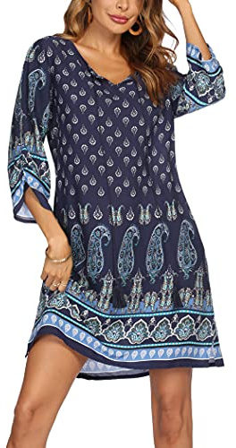 Zeagoo Women Summer Dresses Bohemian Floral Beach Dress Tunic Dress | Ladies Beach Dress,3/4 Sleeve Dresses,V-Neck Dress for Women UK