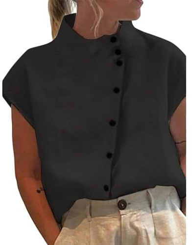 Blusa de cuello alto para mujer, de manga corta, holgada, con botones, de algodón y lino, color negro