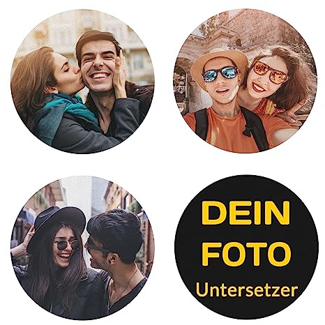 Personalisierte Foto-Untersetzer aus PVC-Leder, Bierdeckel mit eigenem Bild und Text, Abwaschbare Getränkeuntersetzer Selbst Gestalten, Geschenk für Geburtstag Hochzeit Familie (Rund, 4er Set)