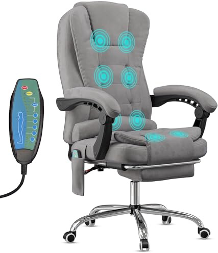 Blisswood Executive Office Chair with Back Massage – Adjustable Ergonomic Desk Chair with Footrest, Reclining Tilt, High-Density Padding & Lumbar Support for Long Hours of Work, Gaming - Velvet (Grey)
