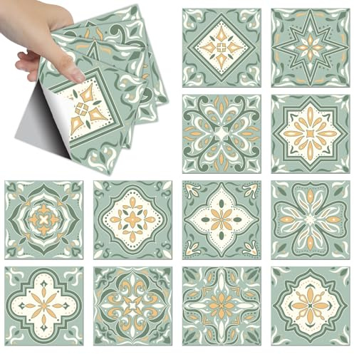 CHGCRAFT 36PCS Bohemian Tile Stickers 4x4 inch Wall Stickers Waterproof Detachable PVC Wall Tile Stickers Decorative Stickers for Kitchen Washroom Bedroom Wall Table Office, Green and Yellow