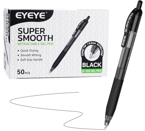 EYEYE G-103 Druck-Gelschreiber, 0,5 mm, Schwarz, 50 Stück | Kugelschreiber mit extrafeiner 0,5 mm Spitze, blaue Tinte, schnell trocknend, feine Spitze, flüssiges Schreiben