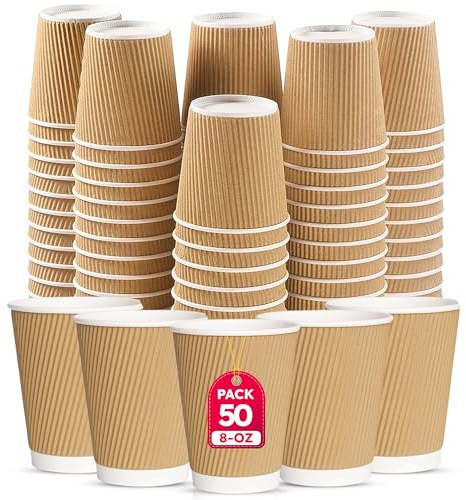 CHEF ROYALE 50x 8oz Disposable Kraft Ripple Paper Hot Coffee Cups - Paper Cups for Hot and Cold Drinks - Insulated Takeaway Coffee Cups for Eco-Friendly Hot Cups Wedding Birthday Party (50, 8oz)