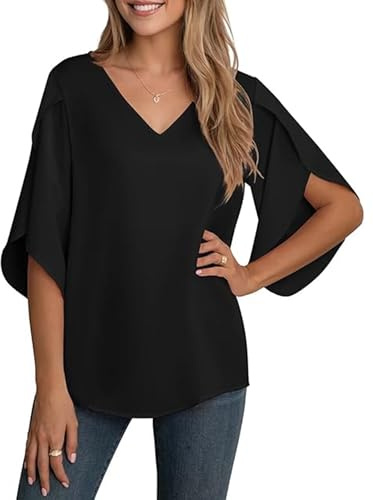 YGJIEGENG Blusa de gasa para mujer, elegante, casual, holgada, manga 3/4 con volantes, cuello en V, blusa de verano, 01negro, M