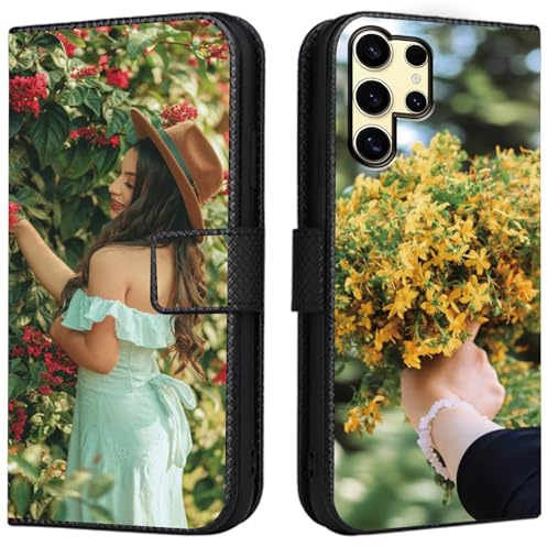 CAXKJE Lederhülle für Samsung Galaxy S22 Ultra Personalisierte Handy Hülle,mit Eigenem Foto Bild Text Individuelle Schutzhülle,Leder Flip Case Schutzhülle Stoßfest Hülle -SAMHD-Black