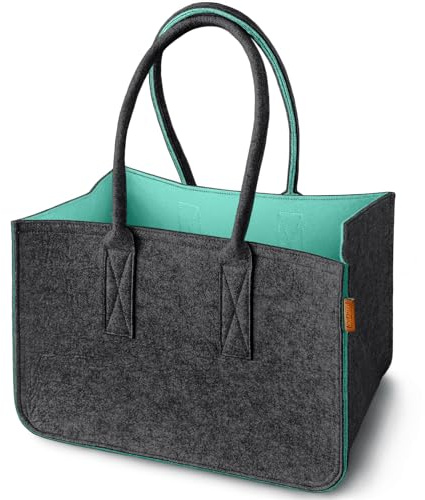 Miqio Design Filz Shopper | große Einkaufstasche mit Henkel und Innentasche | Shopping-Bag Einkaufskorb | Tragetasche aus Filz| Aufbewahrungskorb | Dunkelgrau-Hellblau