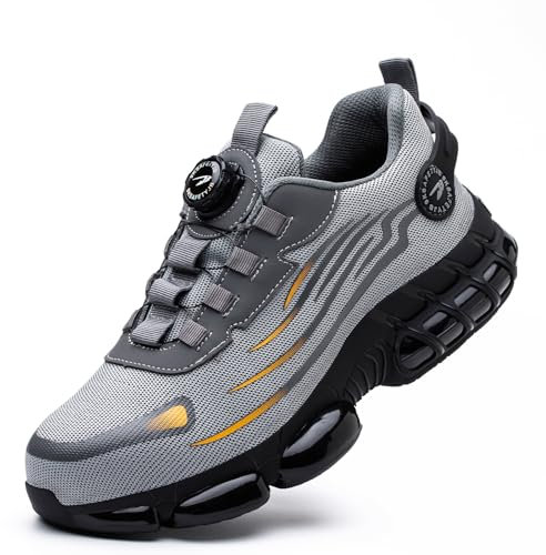 GemChve Scarpe Antinfortunistiche Uomo Donna Leggere Traspiranti Sneakers Antiscivolo Scarpe Sicurezza con Punta in Acciaio Regolazione Rapida dei Lacci Grey 43 EU