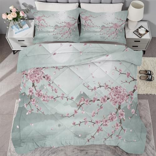 buyluhn Bettdecke 155x220 Ohne Bezug Nutzbar，4 Jahreszeiten Bettdecken Blumen Waschbar Steppdecke Kirschblüten Ganzjahresdecke，Bettzeug mit 2 Kissenbezug für Sommer Winter