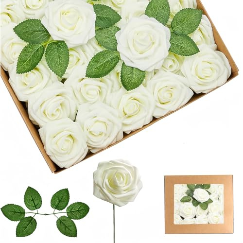 25 Stück Künstliche Blumen Rosen Beige Weiß,Deko Blumen,Schaumrosen mit Stielen Basteln, Kunstrosen für Bouquet Brautstrauß,Hochzeit,Silberhochzeit,Geburtstagsdeko,Heimdekoration Party Deko