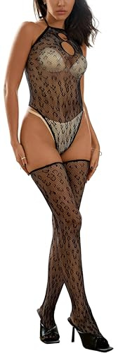Bommi Fairy Dam sexiga nät underkläder set leopard teddy axellös strapskjorta bodysuit babydoll toppar + spets strumpor, svart, XS-XXL