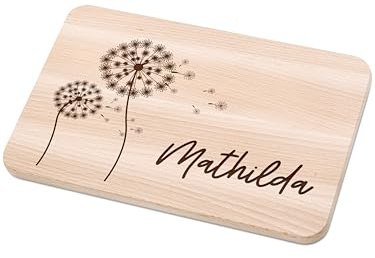 Bärenfreunde - Individuelles Holzbrett mit hochwertiger Gravur für Kinder - Personalisiertes Frühstücksbrettchen - Niedliche Motiv-Brettchen mit Namen (Pusteblume)