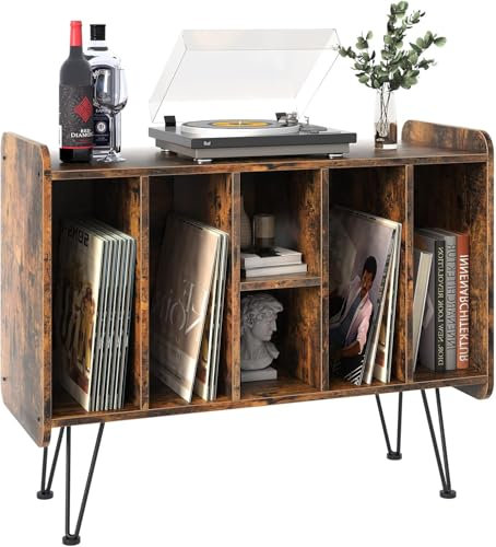Huhote Record Player Stand, VinylRecord Storage 3 Tier End Table, Turntable Stand for Vinyl Player, RecordPlayer Table Up to 200 Albums, Vinyl RecordHolder Cabinet for Living Room Bedroom (Brown)