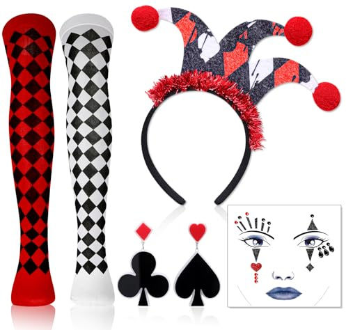 DPKOW Herzkönigin Kostüm Damen Set - Haarreif, Strumpfhose, Spielkarten, Ohrringe, Narrenkappe, Gesichtstattoo für Karneval Fasching - Clown Schminke