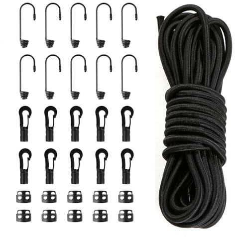 JRJRN Multi Funktion Paracord, Black Polypropylen Seil, 20M Regenschirmseil aus Reißfestem mit Spiralhaken/Kunststoffhaken/Drosselklemmen, Fallschirmschnur Reepschnur für Garten & Haus
