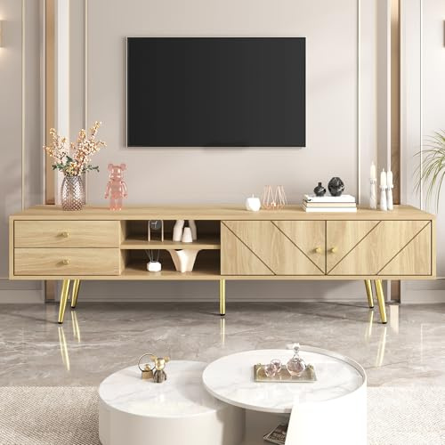 BTM Meuble TV 160 cm avec Pieds dorés - Meuble TV Moderne avec 2 tiroirs et 2 Portes - Durable - Grand Espace de Rangement, Bois - 160x36x42 cm