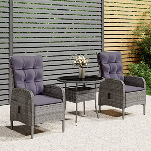 Set di 3 bistrò da giardino in polyrattan resistente alle intemperie, grigio, con comodo tavolo e sedie per balcone e terrazza, cuscino incluso