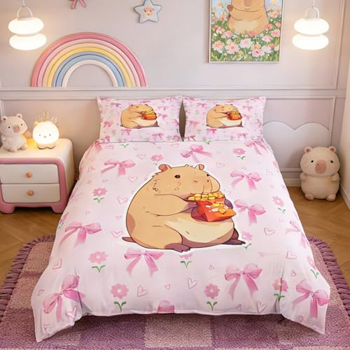 Homemissing Schleifen Blumen Capybara Bettwäsche 135x200cm süßes Kombinationsdesign für Jugendliche,Bettbezug dezente Farben,komfortabel für Frühling Sommer und Winter mit 1 Kissenbezug