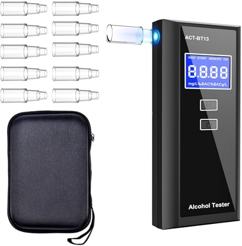 Swetfela Alkoholtester mit 10 Mundstücken Tragetasche - Präziser Tragbarer Alkotester, Digitales LCD Alkoholmessgerät, 50 Speicherplätze für Auto & Privat (Tiefschwarz)