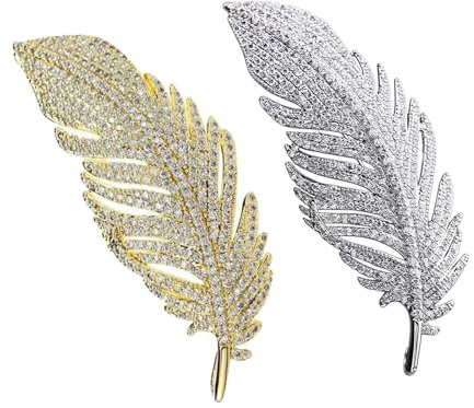 2 Pcs Elegant Brooches for Women UK, Gold & Silver Feather Brooch Crystal Hat Pins Clothing Accessories for Hat Scarf Dress for Wedding Birthday Valentine's Mother’s Day