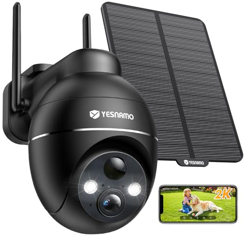 YESNAMO Camara Vigilancia WiFi Exterior Solar 2K sin Cables | Camara Solar con Batería Recargable, 360° PTZ Visión Nocturna Color, Sensor Movimiento PIR, IP66, Sin Suscripción (Negro)