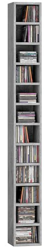 HOMCOM Mobile Porta CD a 12 Ripiani, Scaffale Porta 204 CD Salvaspazio, Mobile Portacd a Colonna, per Soggiorno, Camera da Letto, Ufficio, 21x20x175cm, Grigio Cemento