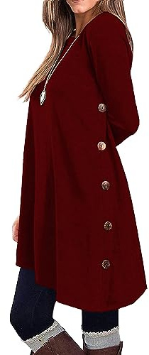 KORSIS Dresses for Women Wine Red Large Long Sleeve Round Neck Casual Button Side T Shirts Loose Fitting Sweater Wrap Fall Winter Christmas Tunic Dress