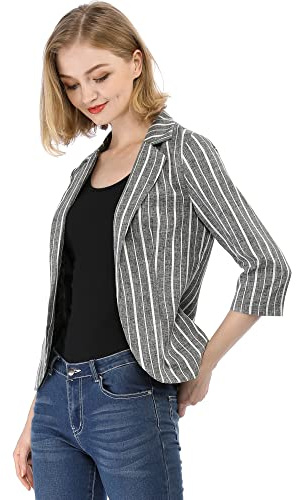 Allegra K Women's Striped 3/4 Sleeves Open Front Notched Lapel Blazer M Black