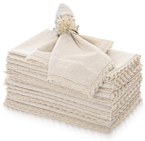 FINGERCRAFT Dinner Cloth Napkin Cotton Linen 12 Pack Vintage Rustic Premium Quality Mitered Corners Napkin Cloth with Elegant Lace for Everyday Use, Pre Shrunk and Good Absorbency 20x20 in Ivory